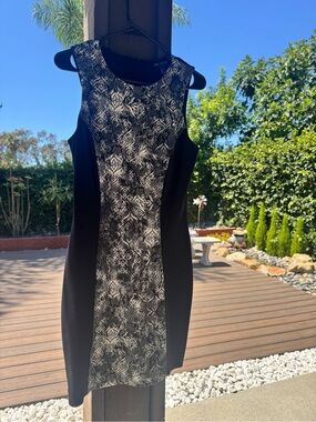 Mango Black Dress with White Patterned Center Panel